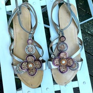 MIU MIU Silver Women's Glitter Jeweled Flower Metallic Leather Pink Sandals